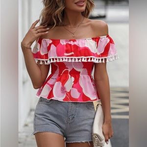 FLORAL OFF SHOULDER TASSEL TRIM PEPLUM BLOUSE